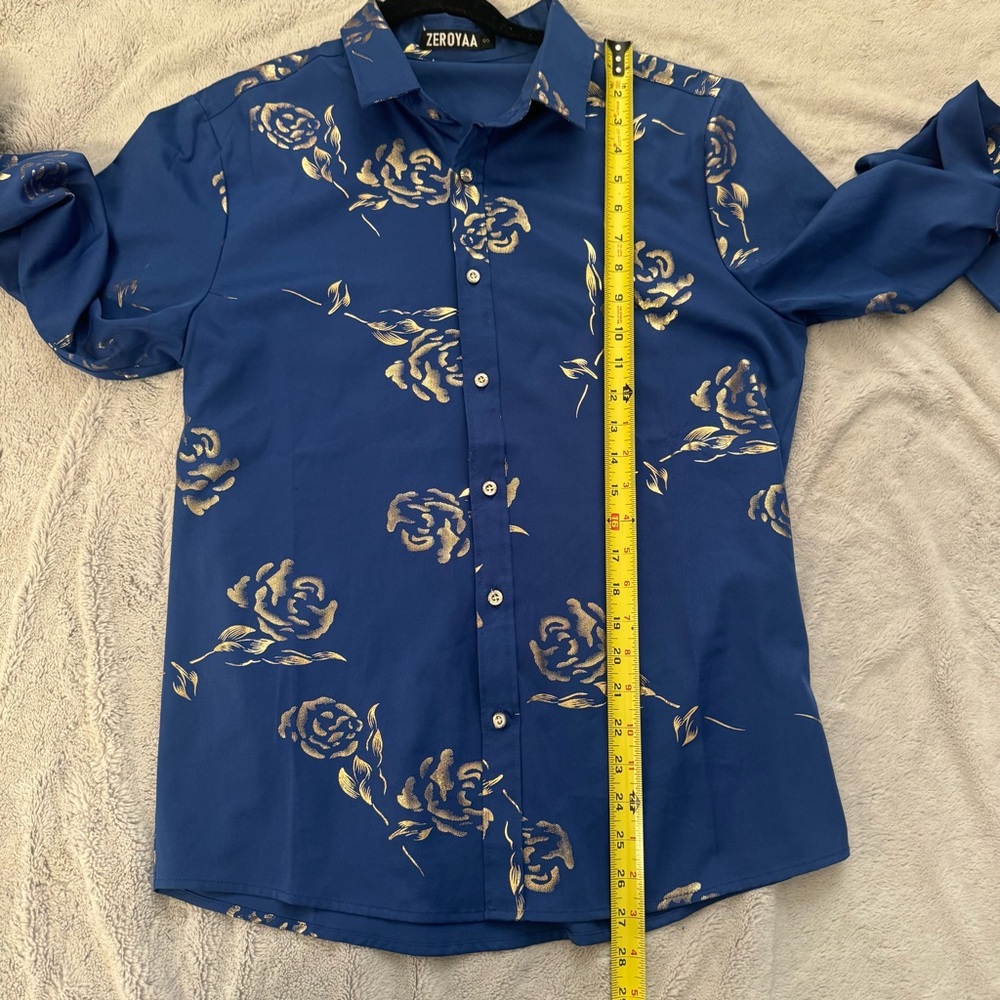 Zeroyaa Blue Gold Floral Print Long Sleeve Button‎ Up Shirt Men’s Small - Picture 4 of 8